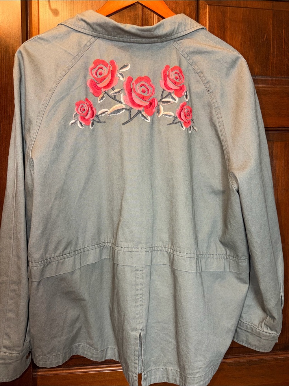Embroidered Olive Jacket Roses Cotton Utility Barn Coat XL
